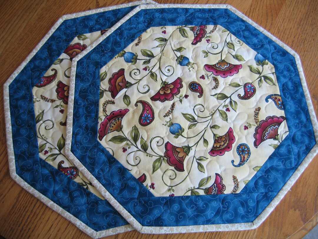 Quilted Octagon Placemats Blue Maroon Floral Paisley Choose Etsy