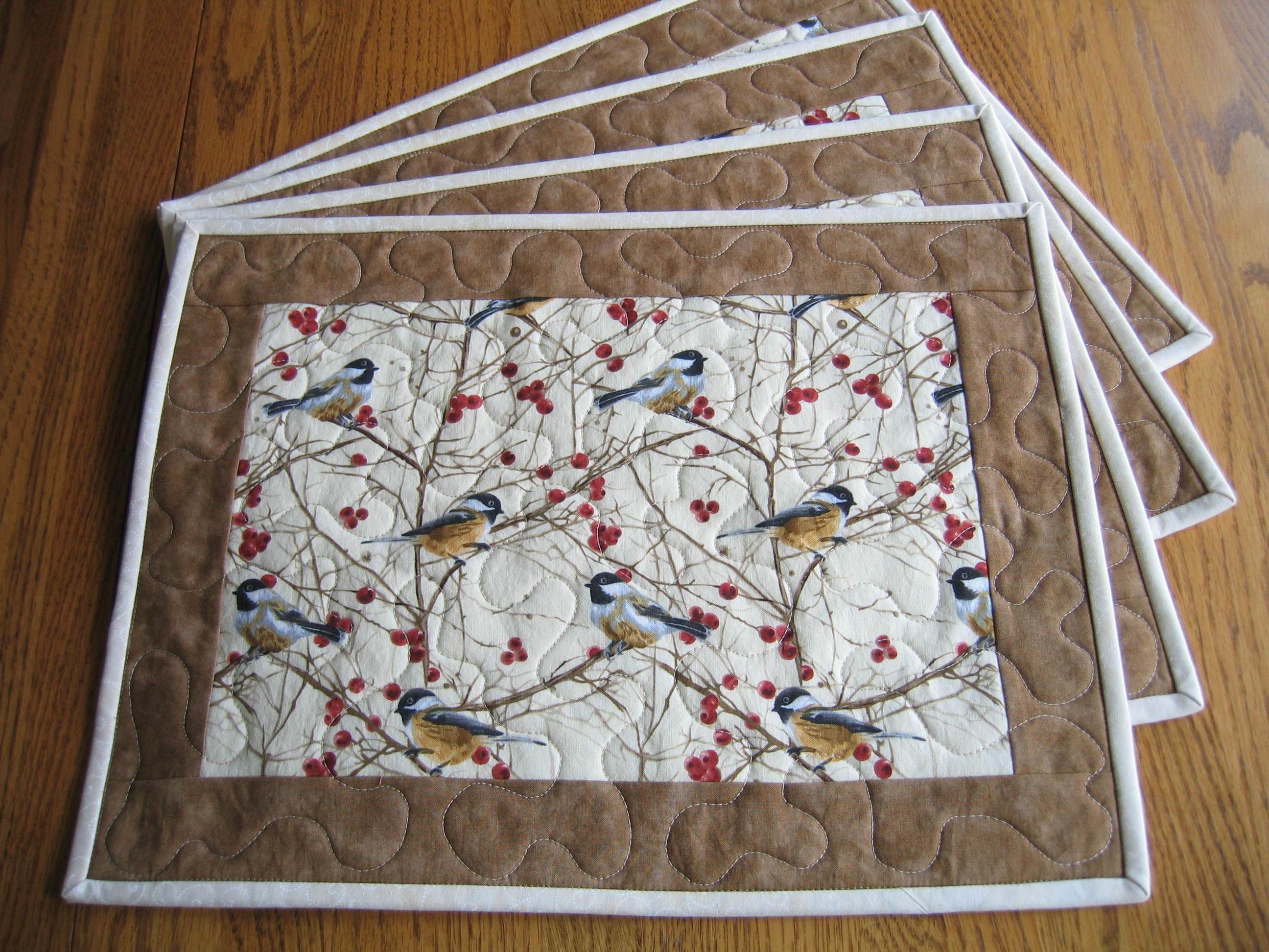 Quilted Placemats Chickadees Birds Red Berries - Set of 4