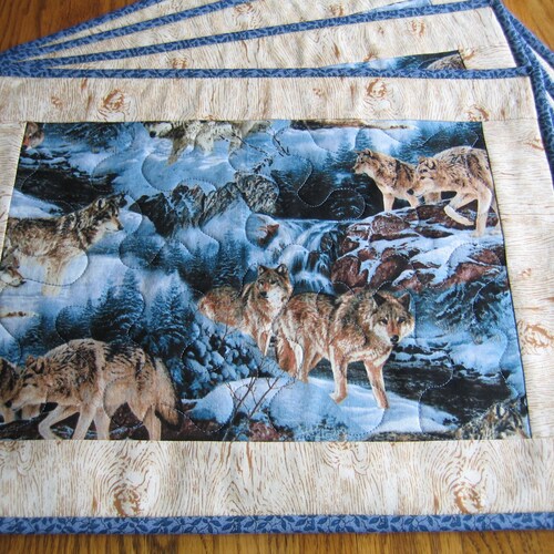 Quilted Placemats Wolves Cabin Decor Wildlife Blue Table Mats - Set of 4