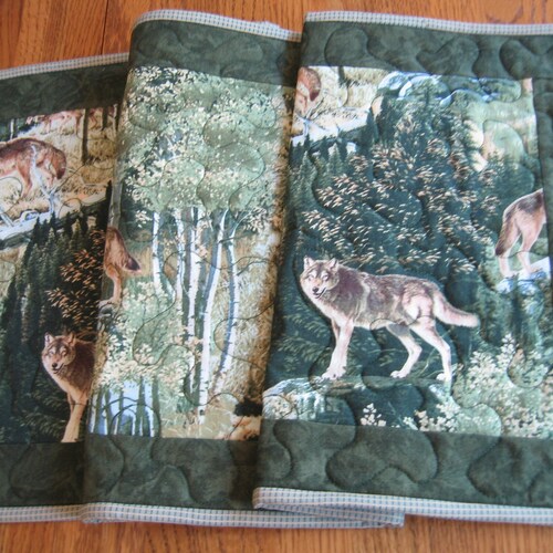 Quilted Table Runner Wolves Green Trees Cabin North Woods Decor - 14 1/2" X 37-38"