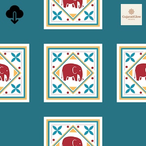 Pode incluir: Padrão repetitivo com elefantes vermelhos dentro de formas de diamante, rodeados por bordas turquesa e douradas, e fundo turquesa. O design inclui elementos em forma de cruz turquesa e pequenos pontos vermelhos. Logotipo GujaratiGlow PRINTS no canto superior direito.