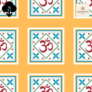 Pode incluir: Padrão repetitivo com o símbolo Om em um design quadrado. O símbolo está em forma de diamante vermelho, cercado por detalhes turquesa e brancos, em um fundo amarelo. O design inclui o texto "GujaratiGlow Prints".