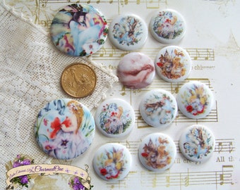 Handmade Porcelain Fired Decals Cameos, Cabochons Beautiful Fairy Mix 2 1 1/2" Round and 10 1" round Free USA Shipping