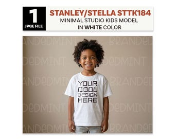 White Stanley/Stella STTK184 Organic Cotton Kids T-Shirt Model Mockup (Digital Download)