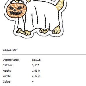 May include: An embroidered design of a dog dressed as a ghost, holding a jack-o'-lantern. The dog is white with tan ears, paws, and tail. The pumpkin is orange with a carved face. The design is 1.83 inches high and 2.12 inches wide.