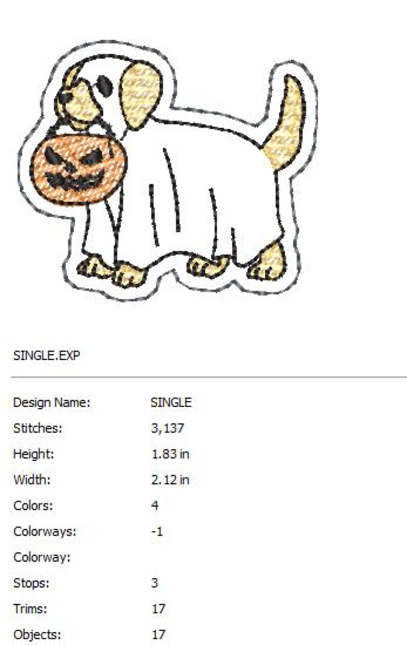 May include: An embroidered design of a dog dressed as a ghost, holding a jack-o'-lantern. The dog is white with tan ears, paws, and tail. The pumpkin is orange with a carved face. The design is 1.83 inches high and 2.12 inches wide.