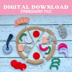 May include: Digital download embroidery file for a felt pizza playset. The set includes a pizza with six slices, a pizza cutter, pepperoni, mushrooms, green peppers, and onions.
