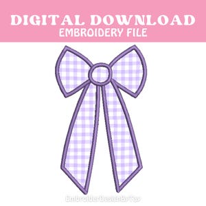 May include: Purple and white gingham bow embroidery design. This digital download is perfect for adding a touch of whimsy to your projects.