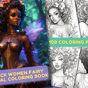 100 Black Women Fairy Coloring Book Vol 1, Printable PDF, Fantasy Halloween Horror Coloring Pages, Grayscale Coloring Book For Adults Kids