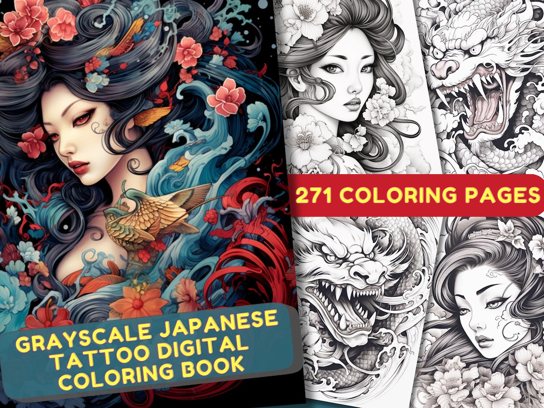 271 Grayscale Japanese Tattoo Coloring Book, Printable PDF, Japanese ...