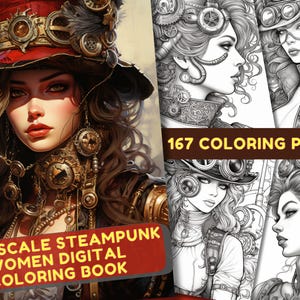 167 Grayscale Steampunk Women Coloring Book, Printable PDF, Horror Halloween Girl Coloring Pages, Grayscale Coloring Book For Adults Kids