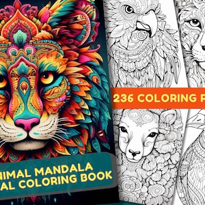 236 Animal Mandala Coloring Book, Printable PDF, Various Animal Mandala Coloring Pages, Grayscale Coloring Book For Adults and Kids