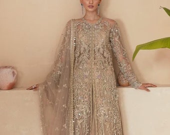 Gold Pakistani Wedding Gown: Handmade Embroidered Lehenga Outfit