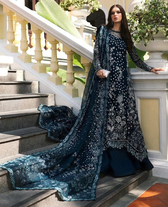 Teal Blue Pakistani Bridal Dress: Hand-embroidered Net Sharara, Organza  Dupatta - Etsy