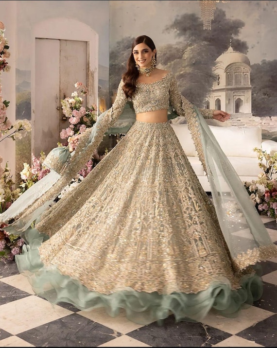 Bridal Lehenga Alzawiah Designer Dress Price Stunning Beige Lehenga Goals   Heavy Zardozi Pearl Work With