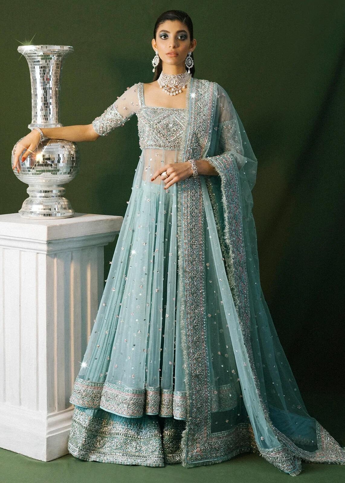 blue desi wedding dress Embroidered Pakistani Dress: Ice Net Pishwas, Sharara & Dupatta Size:FR 32 made outfit is perfect misses prom dress Happy 4th Anniversary to