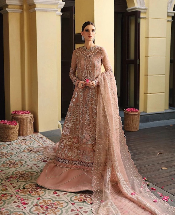 peach and gold wedding dress Pakistani Dress: Embroidered Organza Lehenga sizing-table-12