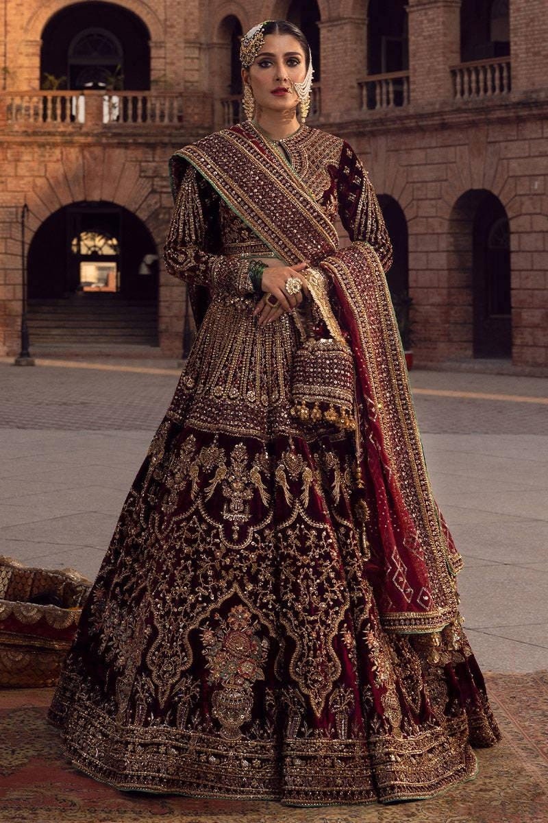 burgundy indian dress Handmade Bridal Lehenga: Embroidered Maroon Maxi burgundy color