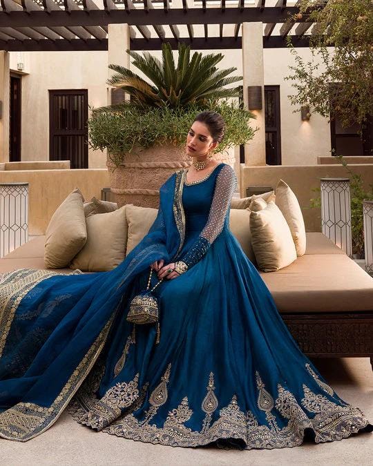 raw silk maxi dress pakistani Embroidered Raw Silk Pakistani Maxi Dress: Wedding Formal Wear