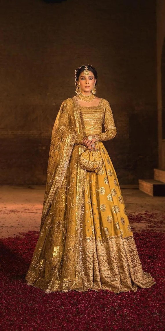 Mustard Yellow Pakistani Wedding Dress: Embroidered Silk Gown - Etsy
