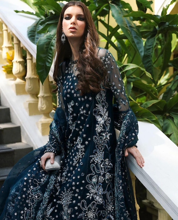 Teal Blue Pakistani Bridal Dress: Hand-embroidered Net Sharara, Organza  Dupatta - Etsy