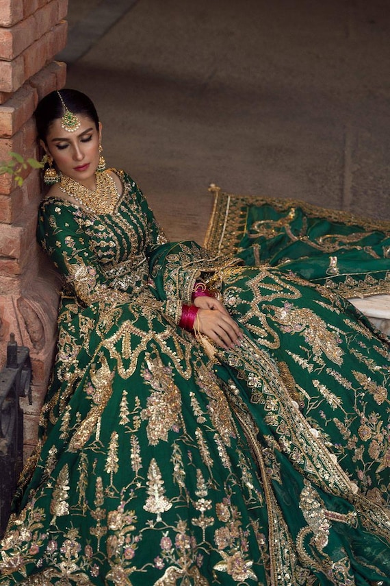 green emerald velvet dress Embroidered Mehndi Dress in Dark Green Lehenga Choli Style – Nameera by  Farooq main image 0