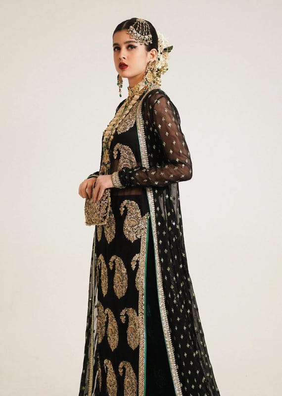 black and gold pakistani wedding dress Golden Embroidered Pakistani Lehenga Choli Wedding Dress XLARGE