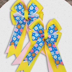 Floral Equestrian Show Bows: Yellow, Pink & Blue Horse Riding Bow