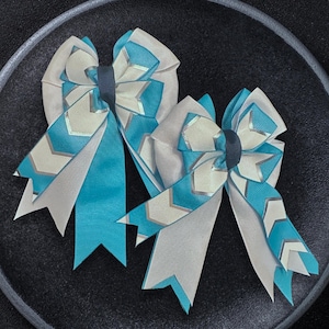 Cyan Chevron Equestrian Show Bows: White & Silver Horse Hair Bows - Set of 2