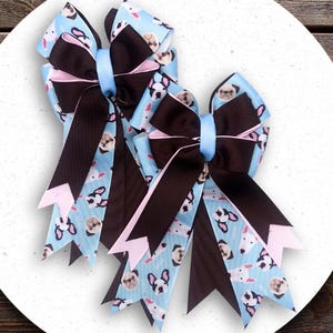 Dog-Themed Equestrian Show Bows: Light Blue & Brown Horse Riding Hair Accessories