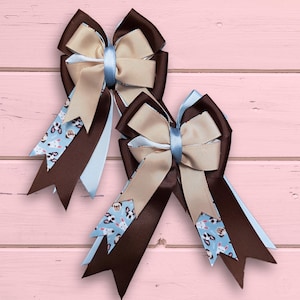 Equestrian Show Bows: Blue & Brown Dog-Themed Horse Riding Bows