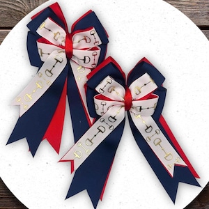 Blue Equestrian Show Bows: Red & Navy Snaffle Bit Horse Show Hair Ribbons