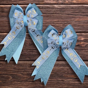 Light Blue Equestrian Show Bows: Glitter & Gold Detail