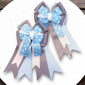 Blue & Gray Equestrian Show Bows: Heart Ribbon Pony Bow