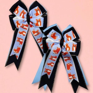 Corgi Print Equestrian Show Bows: Blue Horse Hair Ribbons