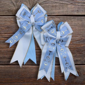 Light Blue & Gold Horse Show Bows: Equestrian Pony Tail Bow