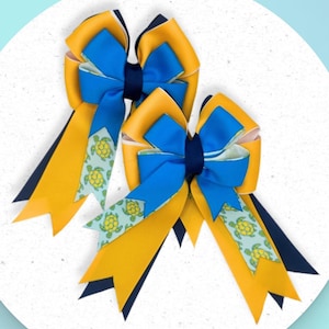 Sea Turtle Horse Show Bows: Equestrian Hair Ribbons, Blue & Yellow