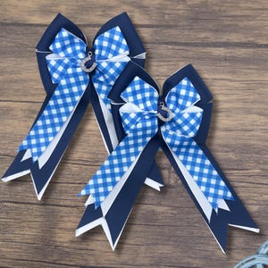Blue Plaid Horse Show Bows: Equestrian Gingham Hair Bow with Horseshoe Charm