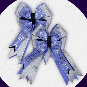 Purple Equestrian Show Bows: Silver & Black Horse Riding Hair Ribbons