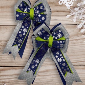 Silver Snowflake Equestrian Show Bows: Navy, Green, Glitter