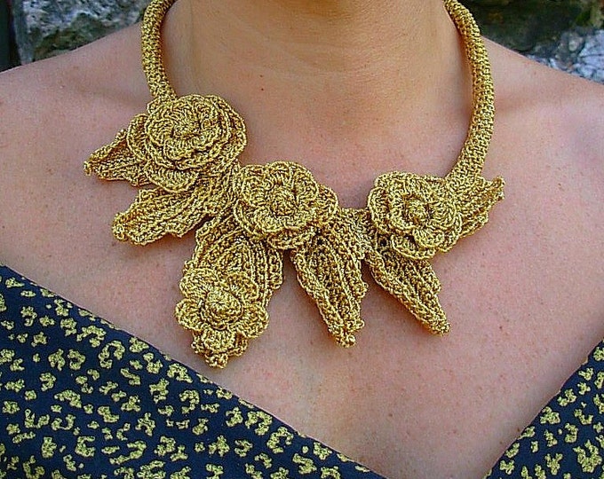 Crochet Golden Flower Necklace Choker Floral Cotton Bridal Etsy