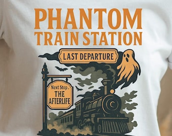 Phantom Train Station Halloween Graphic Tee: Vintage Spooky Design (PNG File)