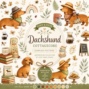 May include: A digital collection of watercolor illustrations featuring dachshunds, coffee items, and botanical elements. The central label reads COZY & CUTE Dachshund COTTAGECORE SEAMLESS PATTERN WATERCOLOR COLLECTION BY COZY PAWS STUDIO with a paw print.