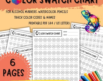 May include: Color swatch chart printable PDF for alcohol markers, watercolour, and pencils. Includes 6 pages with 80 colour test slots and note space. Track colour codes and names. Features a colourful chameleon illustration.