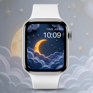 May include: A silver smartwatch with a white band displays a night sky scene with a crescent moon, clouds, and stars. The screen shows the date and time: Sun, Jul 6, 10:09.
