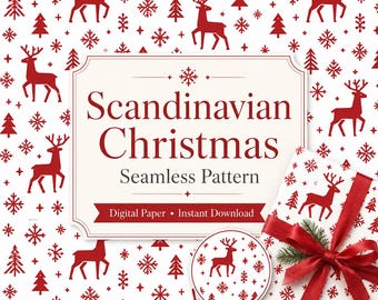 Peut inclure: Un motif répétitif avec des rennes, des sapins et des flocons de neige rouges sur fond blanc. Une étiquette centrale affiche le texte Scandinavian Christmas Seamless Pattern, Digital Paper, Instant Download, avec un cadeau dans le coin.