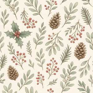 May include: A seamless pattern featuring botanical elements. The design includes green leaves, red berries, and brown pinecones, all set against a cream-colored background. The illustration has a hand-drawn aesthetic, perfect for holiday-themed products.
