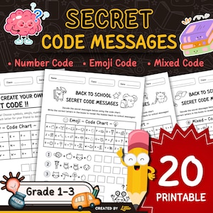 May include: A printable educational resource featuring secret code messages for grades 1-3. The image displays worksheets with number, emoji, and mixed code puzzles. Includes a code chart and a pencil cartoon character. The text reads "Secret Code Messages" and "20 Printable".
