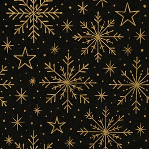 Peut inclure: Motif répété de flocons de neige, d'étoiles et de petits points dorés sur fond noir. Les flocons de neige sont détaillés avec des lignes complexes et les étoiles ont cinq pointes. Ce motif convient aux produits sur le thème des fêtes.