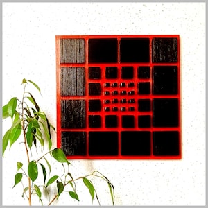 Handcrafted 3D Wood Wall Art: Black and Red Geometric Panel